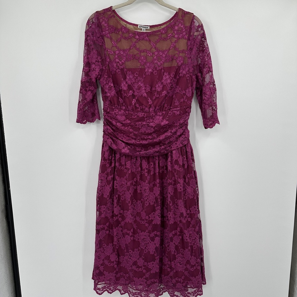 Kiyonna Dress Womens 0 Purple Lace Ruched Illusion Neck Sheer Midi Cocktail